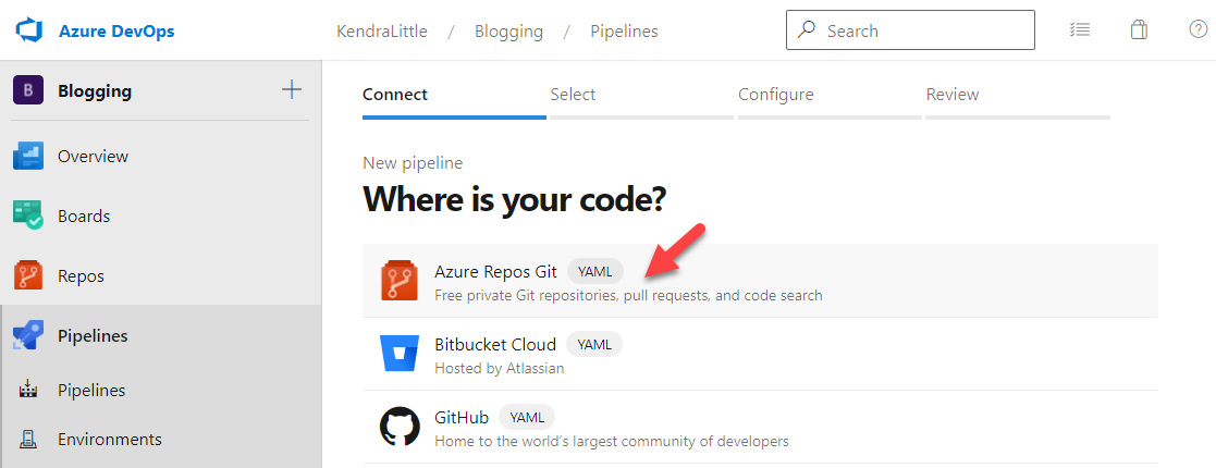Azure DevOps prompt to select repo location