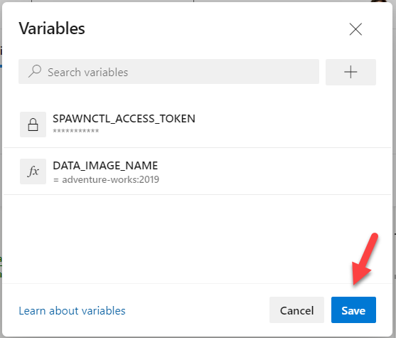 Azure DevOps variables pane with final save button for variable additions