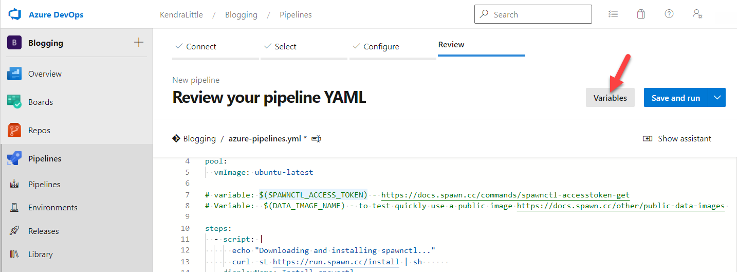 Azure DevOps review your pipeline YAML screen with Variables button