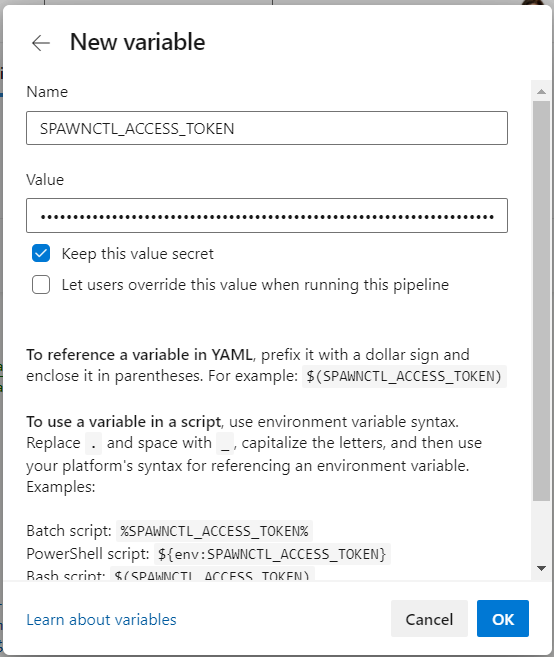 Azure DevOps variables pane to add second variable.
