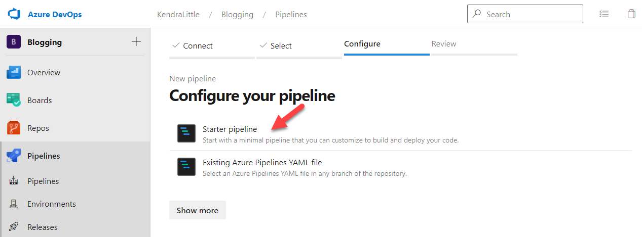 Azure DevOps prompt to create a starter pipeline or choose existing YAML file