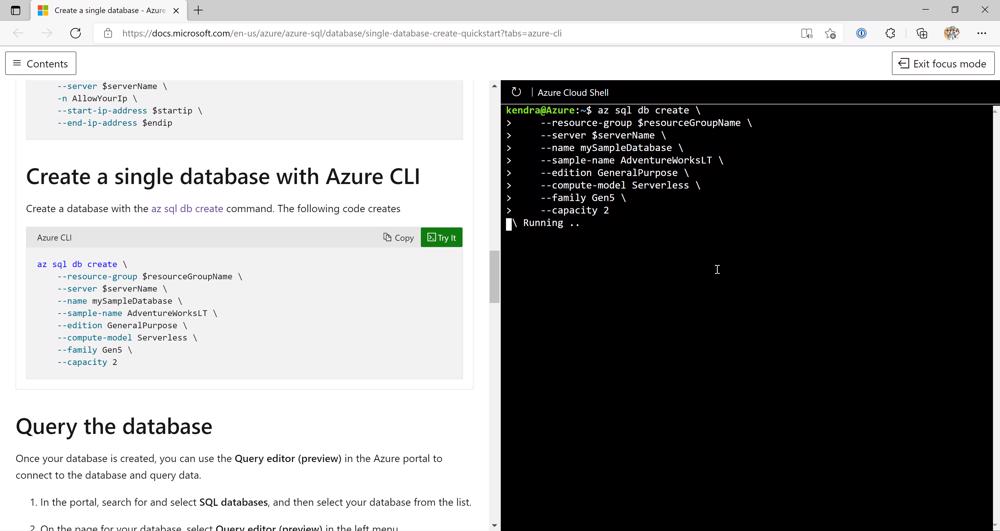 screenshot of using the Azure Cloud Shell in the browser along with the tutorial.
