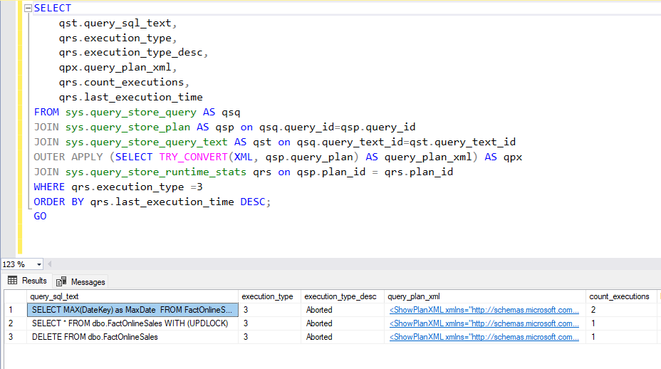Screenshot of the query being run in SSMS with three rows returned.